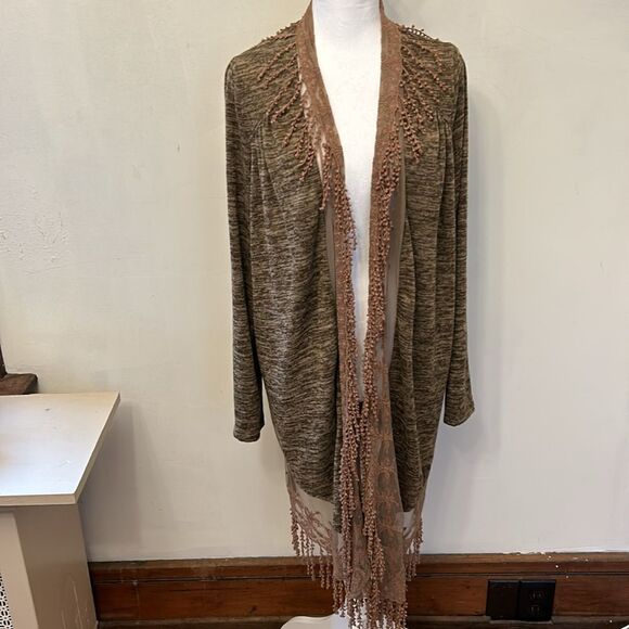 One World brown long floral mesh fringed open cardigan Size L EUC - Picture 2 of 10